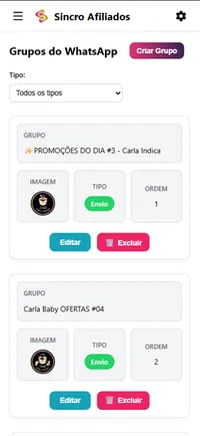 Configuração de grupos de WhatsApp no Sincro