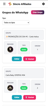 Tela de gerenciamento de grupos do Sincro