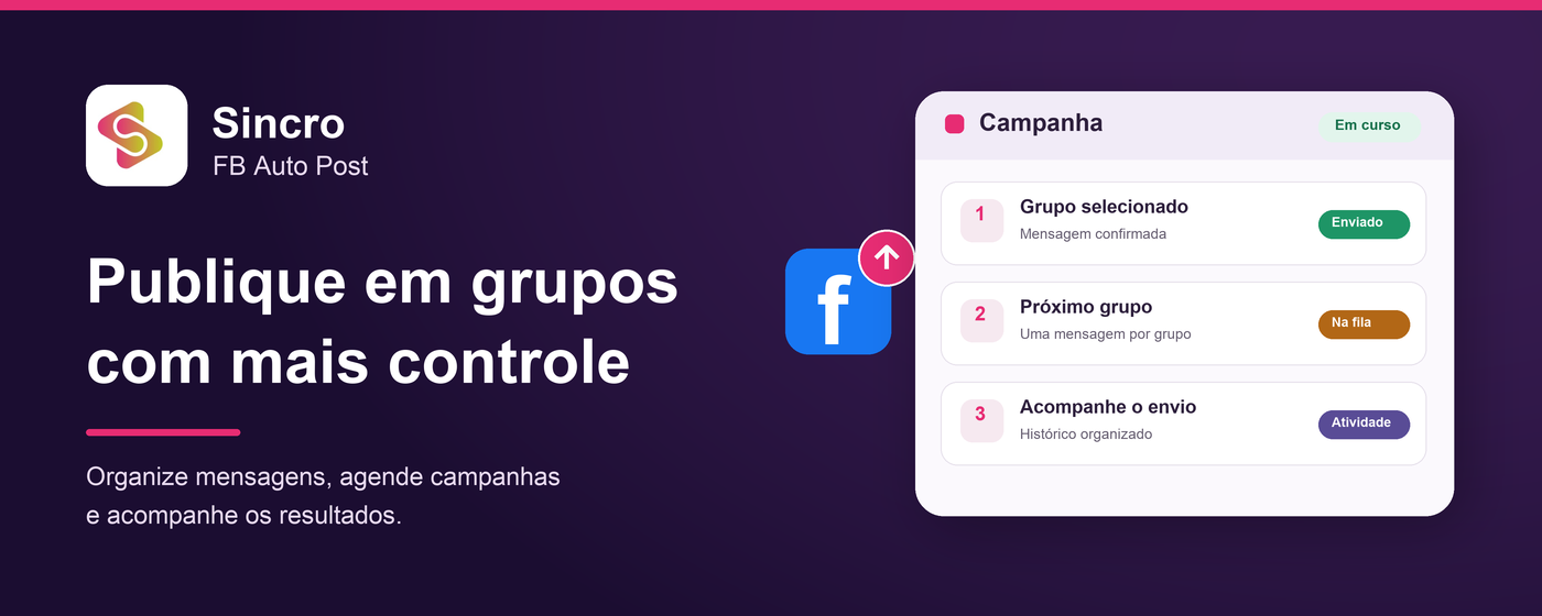 Sincro FB Auto Post organiza campanhas, grupos selecionados e o andamento das publicações.